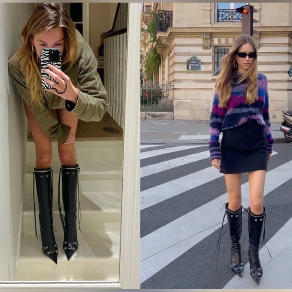 Balenciaga Style Public Desire Cagole Black Heeled Boots Studded Detail NWOT